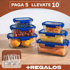 Llevate 10 y Pagá Solo 5: Frascos Herméticos de Vidrio Templado + 5 Vasos Long Drink de Regalo